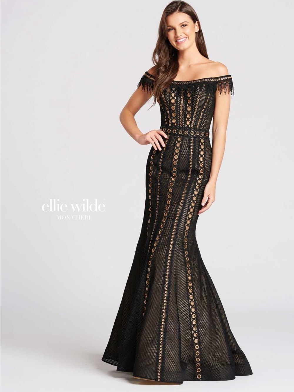 RARE Ellie Wilde by Mon Cheri Black Mesh Grommet Off-the-Shoulder Mermaid Gown